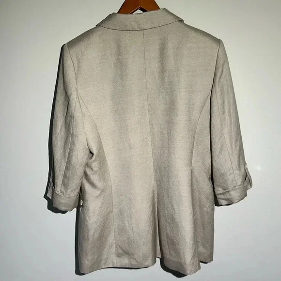 CALVIN KLEIN Beige Women Linen Blazer 3/4 Cuffed Sleeves Size 14 - Picture 2 of 10